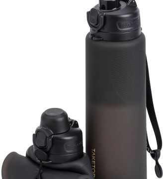 Collapsible 32oz Silicone Water Bottles, Foldable Travel Bottle with Straw, BPA Free, Leakproof for Hiking, International Travel, Outdoors (Black)