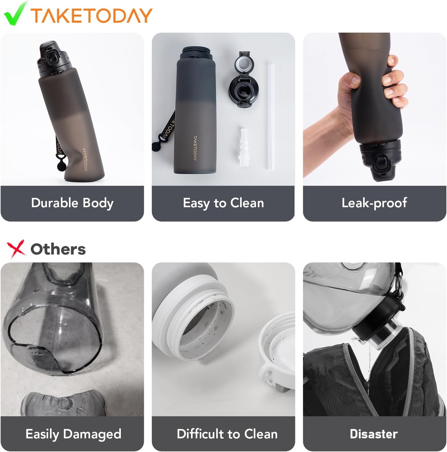 Collapsible 32oz Silicone Water Bottles, Foldable Travel Bottle with Straw, BPA Free, Leakproof for Hiking, International Travel, Outdoors (Black) - Image 2