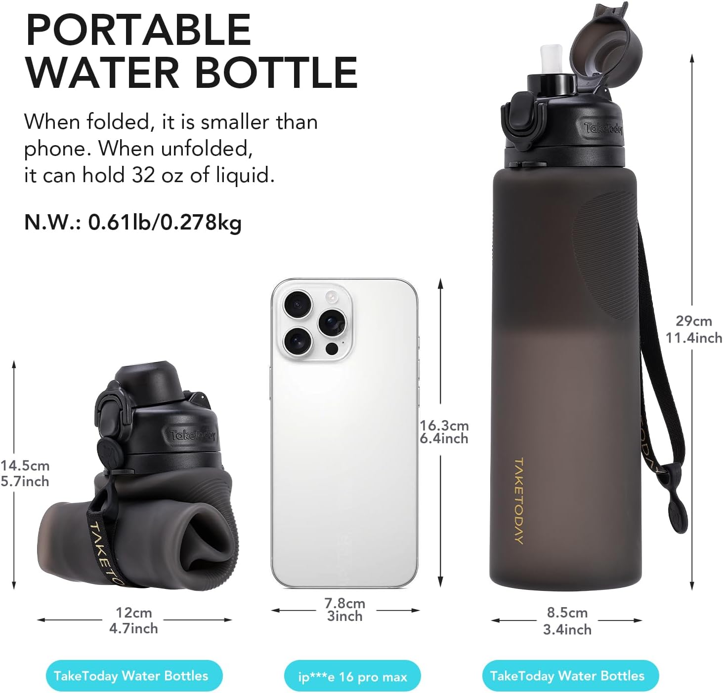 Collapsible 32oz Silicone Water Bottles, Foldable Travel Bottle with Straw, BPA Free, Leakproof for Hiking, International Travel, Outdoors (Black) - Image 3