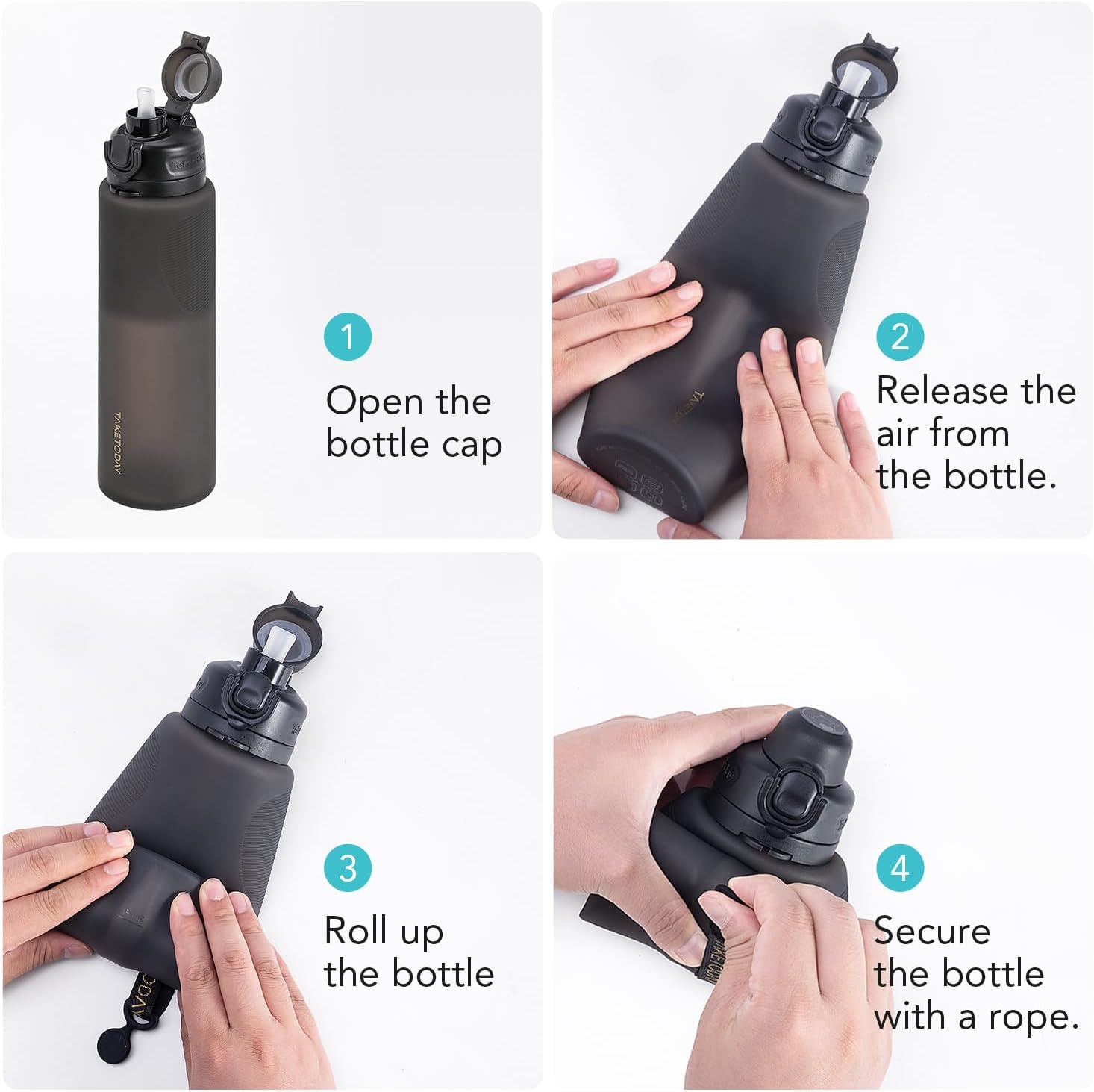 Collapsible 32oz Silicone Water Bottles, Foldable Travel Bottle with Straw, BPA Free, Leakproof for Hiking, International Travel, Outdoors (Black) - Image 9