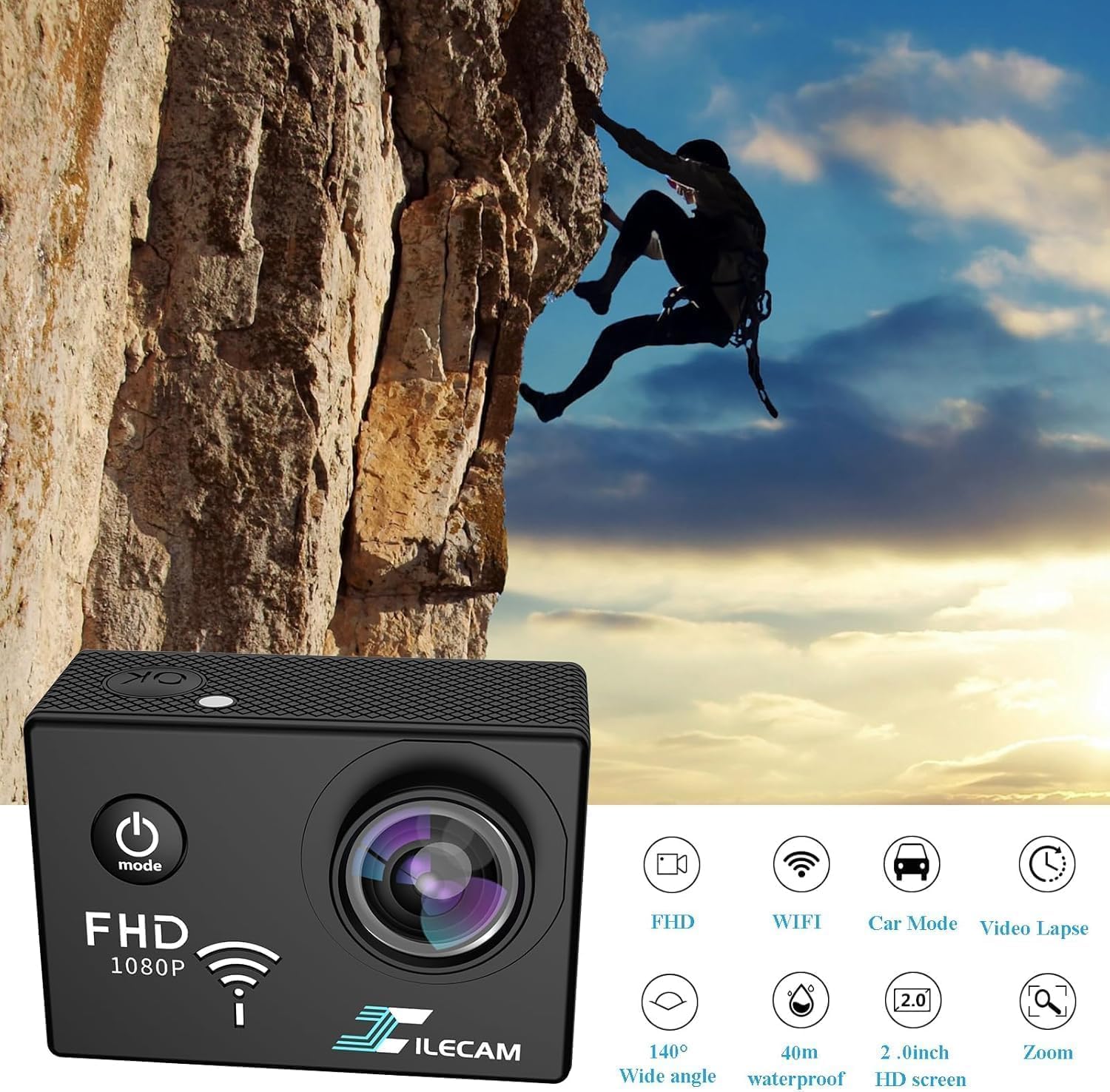 WiFi Sports Camera 4xZoom Action Camera 40m/131ft Underwater Waterproof with 2 X1050 mAh Batteries and Multi-Function (A7pro) - Image 2