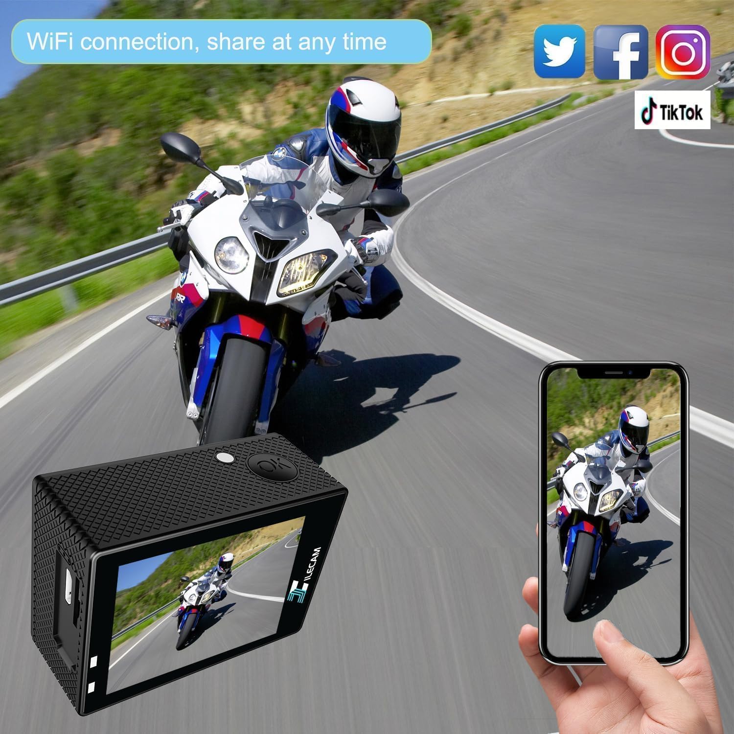 WiFi Sports Camera 4xZoom Action Camera 40m/131ft Underwater Waterproof with 2 X1050 mAh Batteries and Multi-Function (A7pro) - Image 3